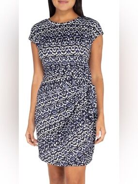 Navy and White Printed Cap Sleeve Tie-Waist Dress